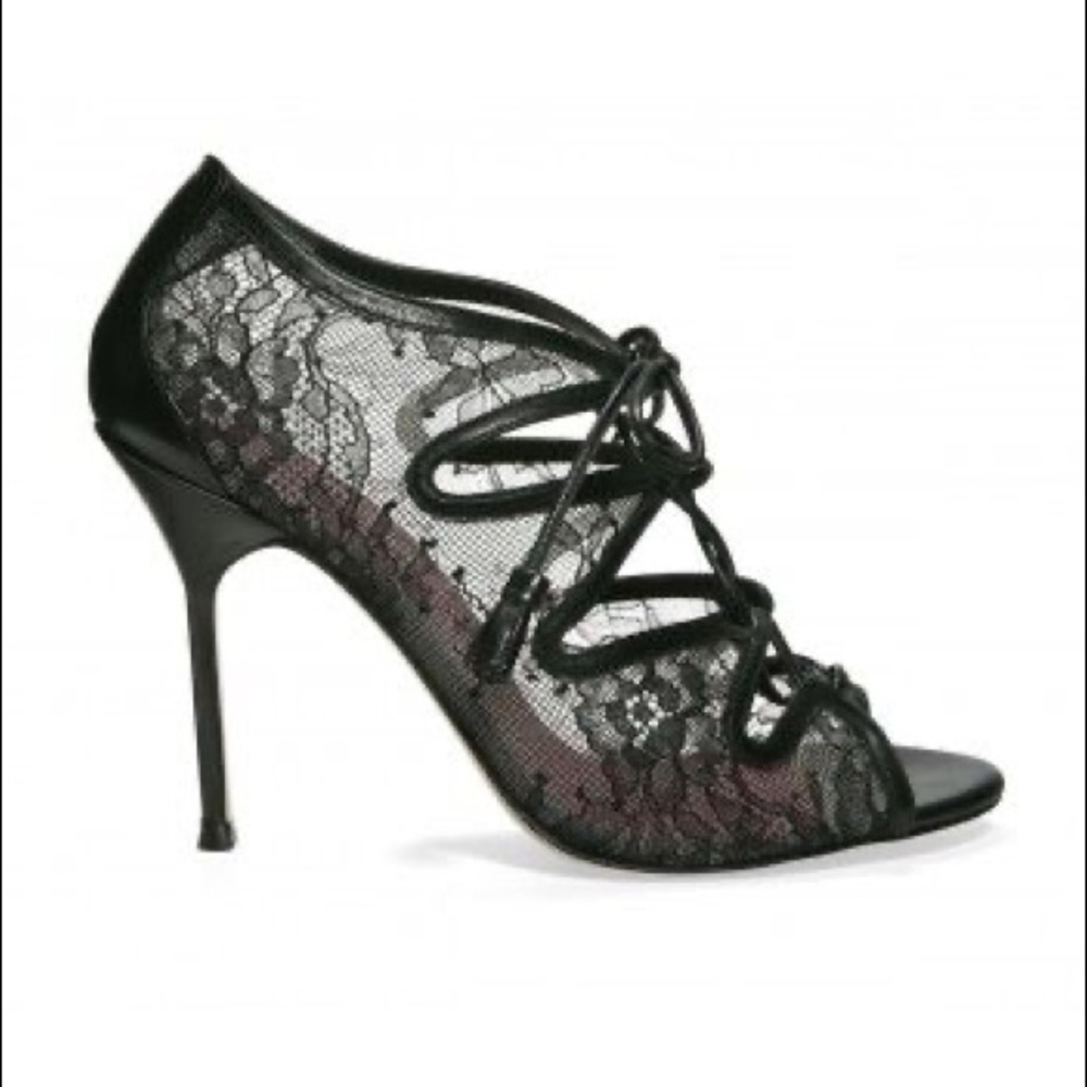 Carolina Herrera Black Lace Tie Leather Heels Shoes